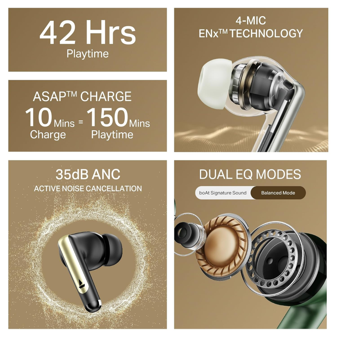 Boat Airdopes 141 Elite ANC, ANC(~35dB), 4Mics ENx Tech, 42H Battery, Fast Charge Wireless Earphones with mic