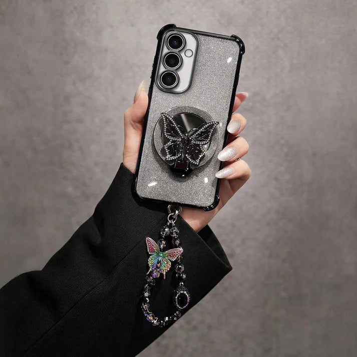 Samsung Galaxy A56 5G Shockproof Shimmer Butterfly Stand Case with Charm Strap
