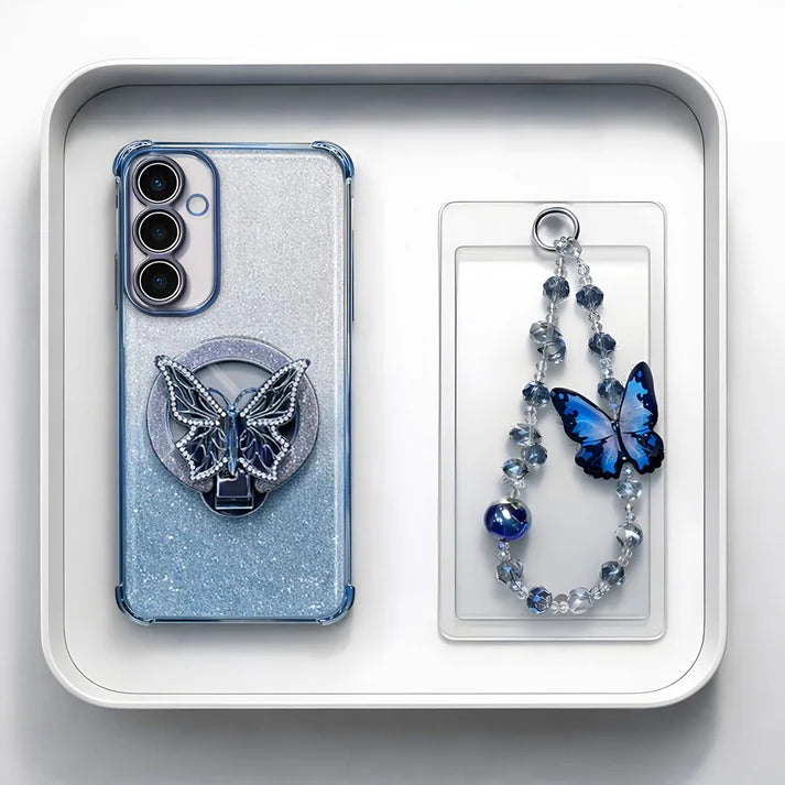 Samsung Galaxy A56 5G Shockproof Shimmer Butterfly Stand Case with Charm Strap