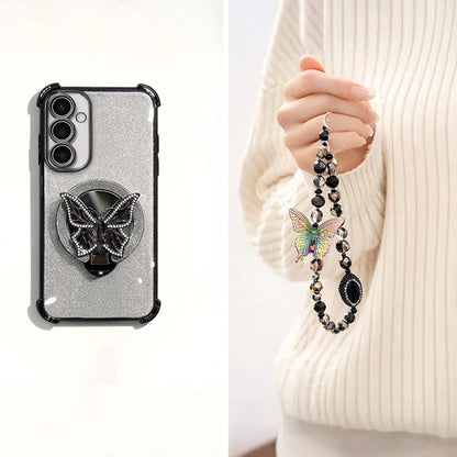 Samsung Galaxy A56 5G Shockproof Shimmer Butterfly Stand Case with Charm Strap